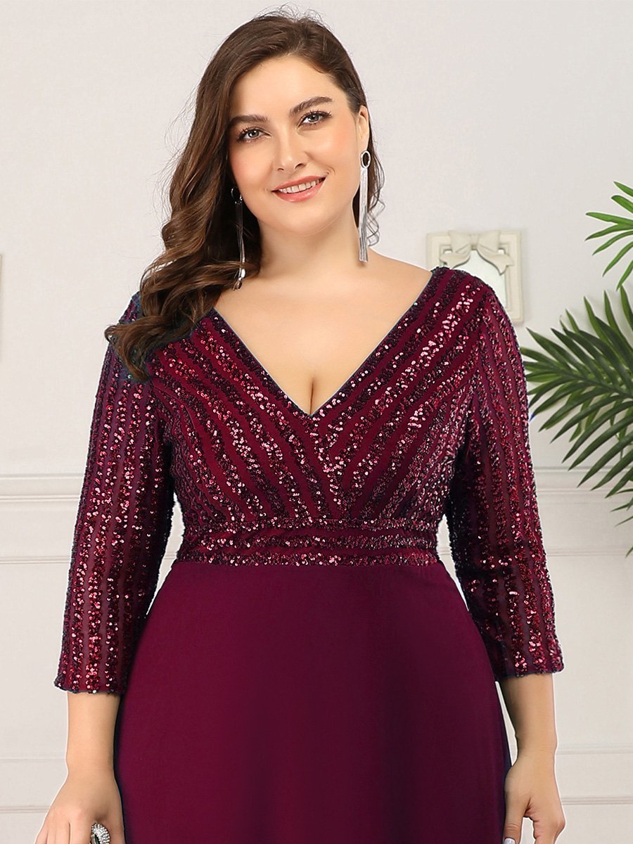 Robe de soirée à paillettes, col V, taille plus, avec manches, décolleté en A #Couleur_Bordeaux