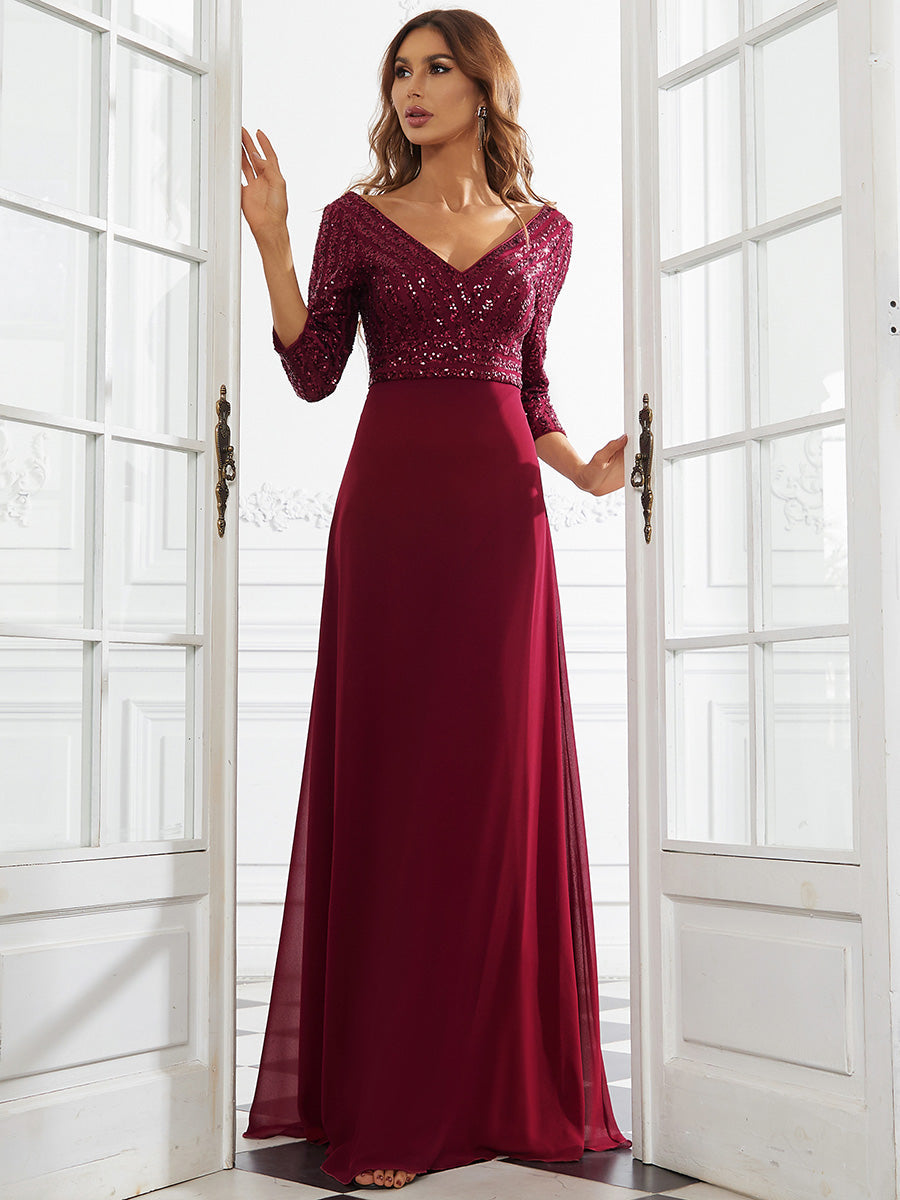 Robe de Soirée Longue Sexy à Col en V et Paillettes avec Manches 3/4 #Couleur_Bordeaux