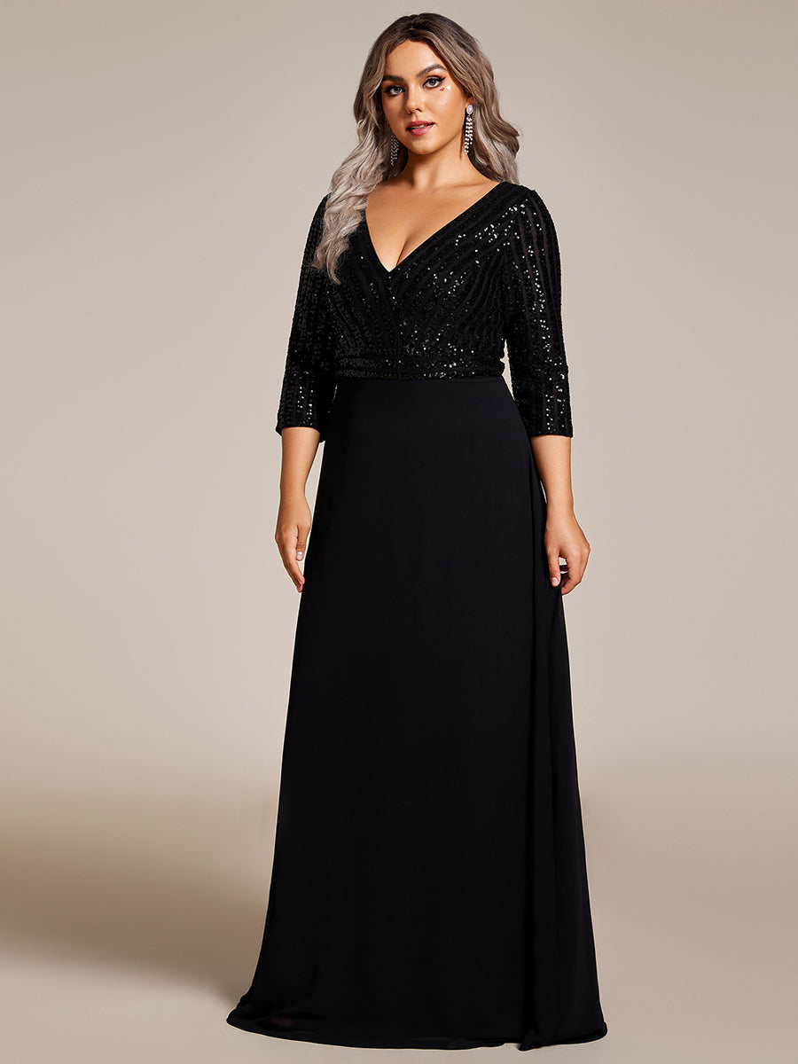 Robe de soirée à paillettes, col V, taille plus, avec manches, décolleté en A #Couleur_Noir