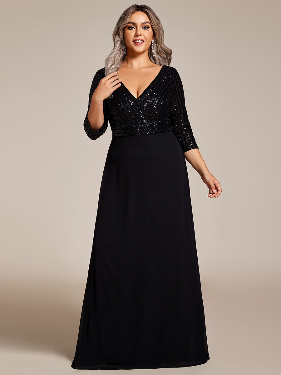 Robe de soirée à paillettes, col V, taille plus, avec manches, décolleté en A #Couleur_Noir