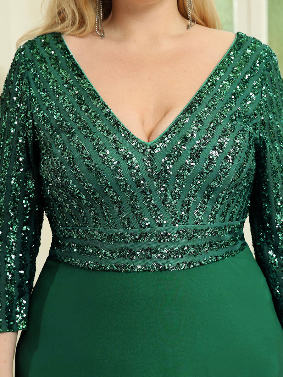 Robe de soirée à paillettes, col V, taille plus, avec manches, décolleté en A #Couleur_Vert Fonce