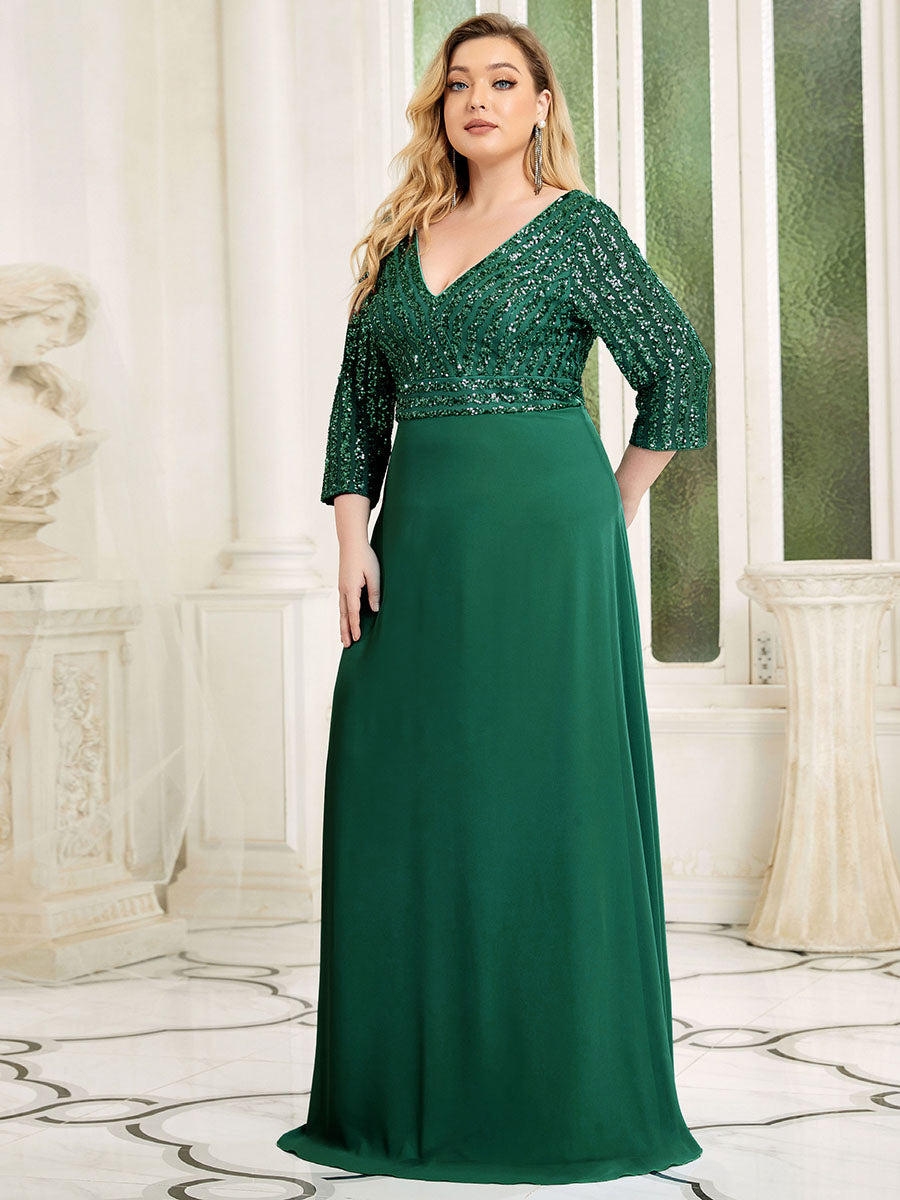 Robe de soirée à paillettes, col V, taille plus, avec manches, décolleté en A #Couleur_Vert Fonce