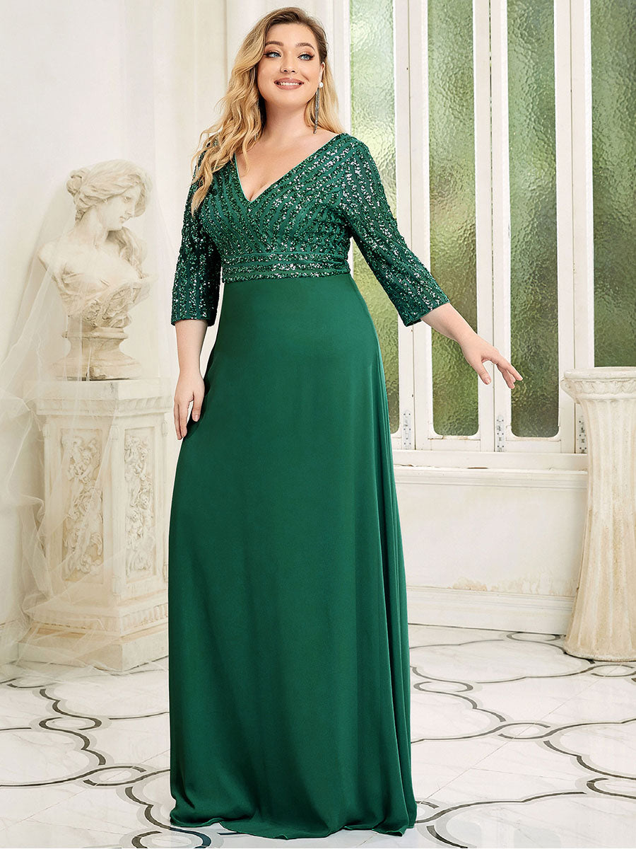 Robe de soirée à paillettes, col V, taille plus, avec manches, décolleté en A #Couleur_Vert Fonce