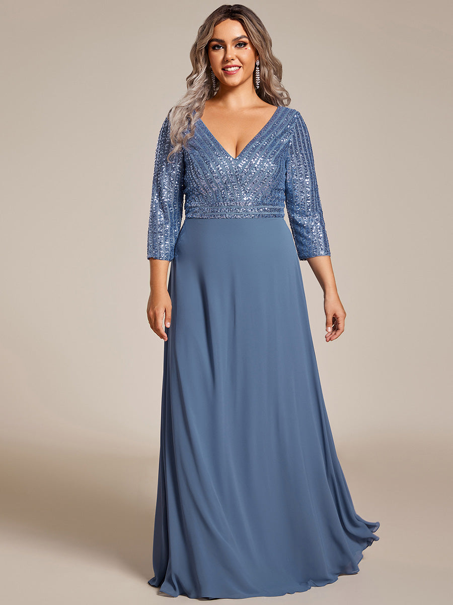 Robe de soirée à paillettes, col V, taille plus, avec manches, décolleté en A #Couleur_Marine Fume