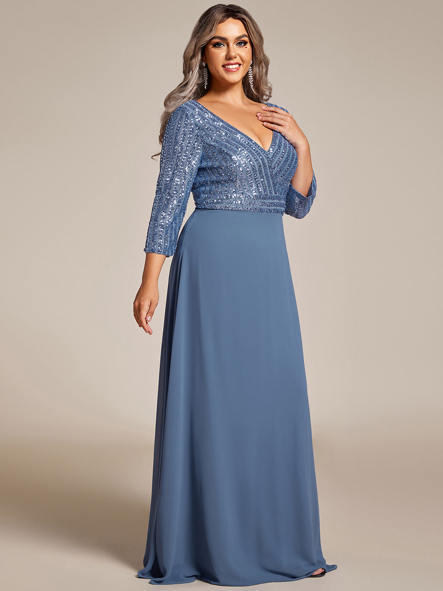 Robe de soirée à paillettes, col V, taille plus, avec manches, décolleté en A #Couleur_Marine Fume