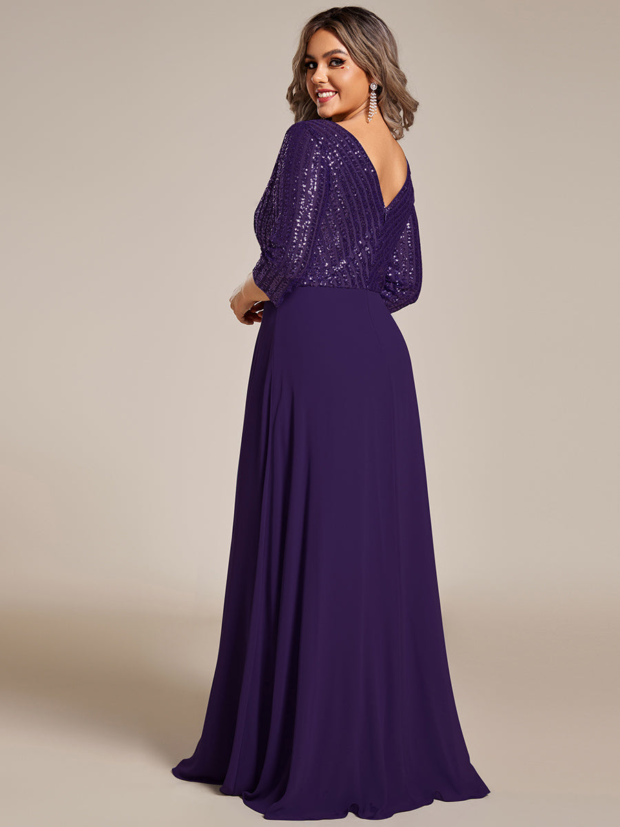 Robe de soirée à paillettes, col V, taille plus, avec manches, décolleté en A #Couleur_Violet Fonce