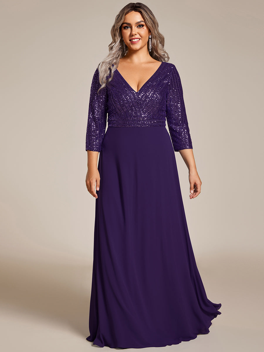 Robe de soirée à paillettes, col V, taille plus, avec manches, décolleté en A #Couleur_Violet Fonce