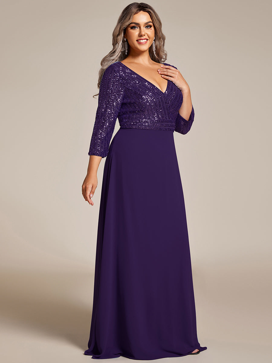 Robe de soirée à paillettes, col V, taille plus, avec manches, décolleté en A #Couleur_Violet Fonce