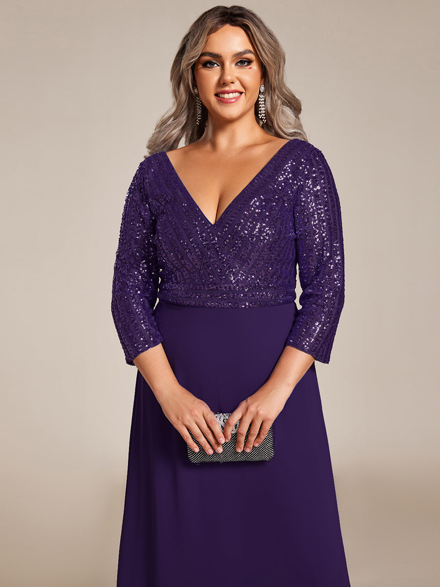 Robe de soirée à paillettes, col V, taille plus, avec manches, décolleté en A #Couleur_Violet Fonce