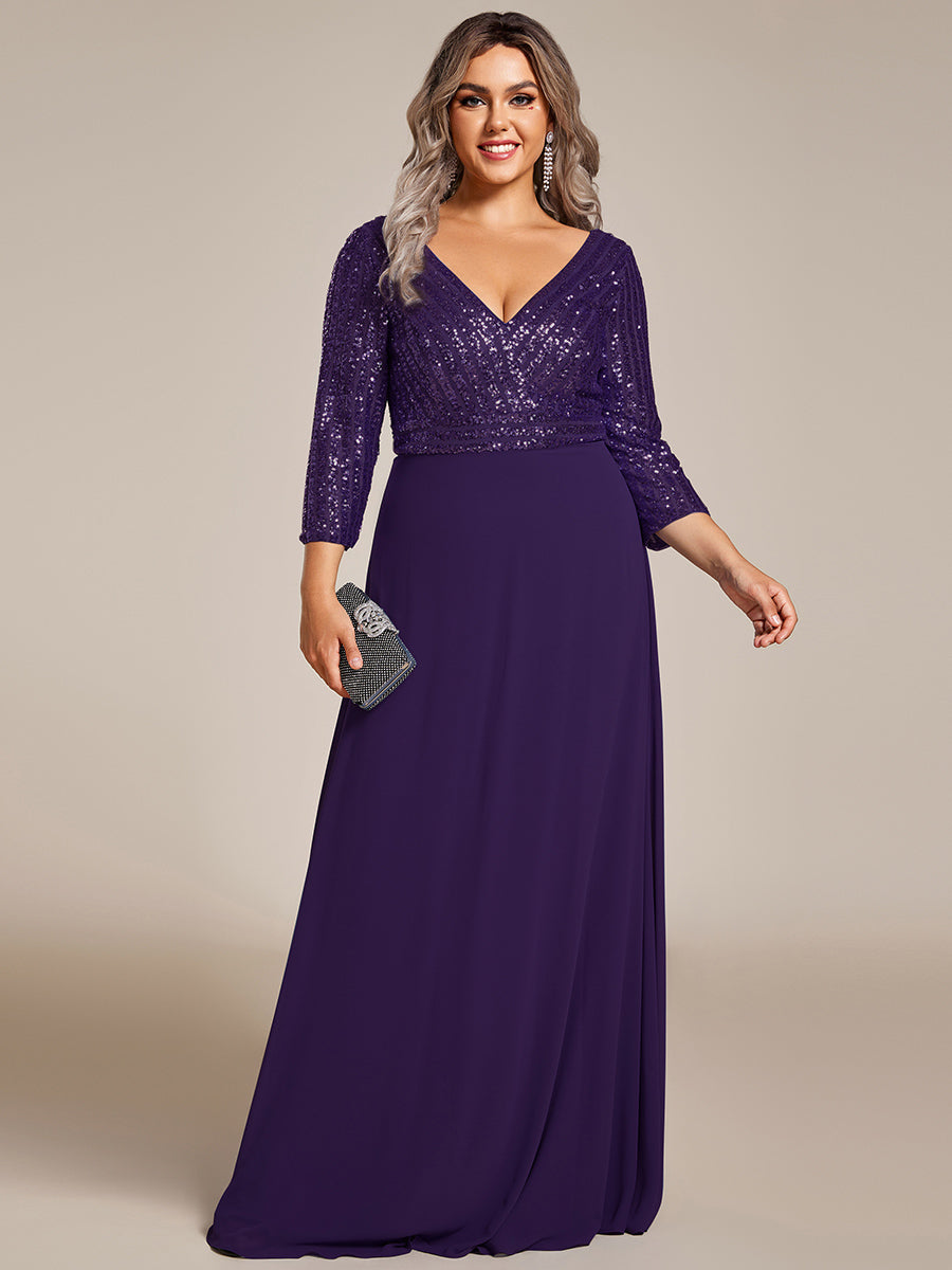 Robe de soirée à paillettes, col V, taille plus, avec manches, décolleté en A #Couleur_Violet Fonce