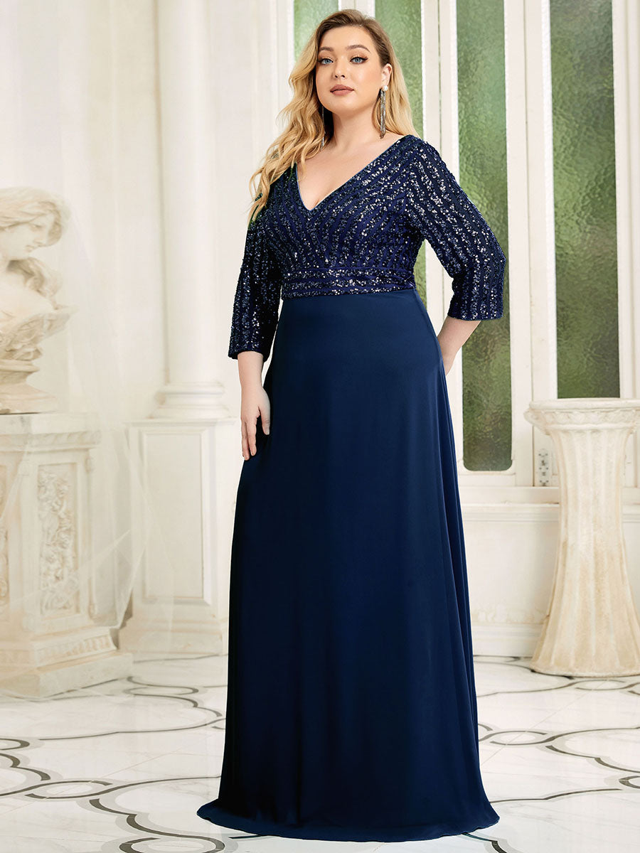 Robe de soirée à paillettes, col V, taille plus, avec manches, décolleté en A #Couleur_Bleu Marine