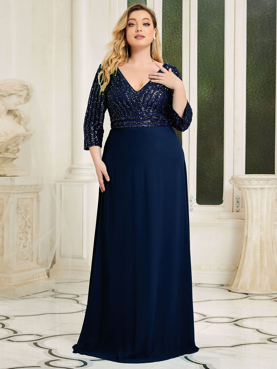 Robe de soirée à paillettes, col V, taille plus, avec manches, décolleté en A #Couleur_Bleu Marine