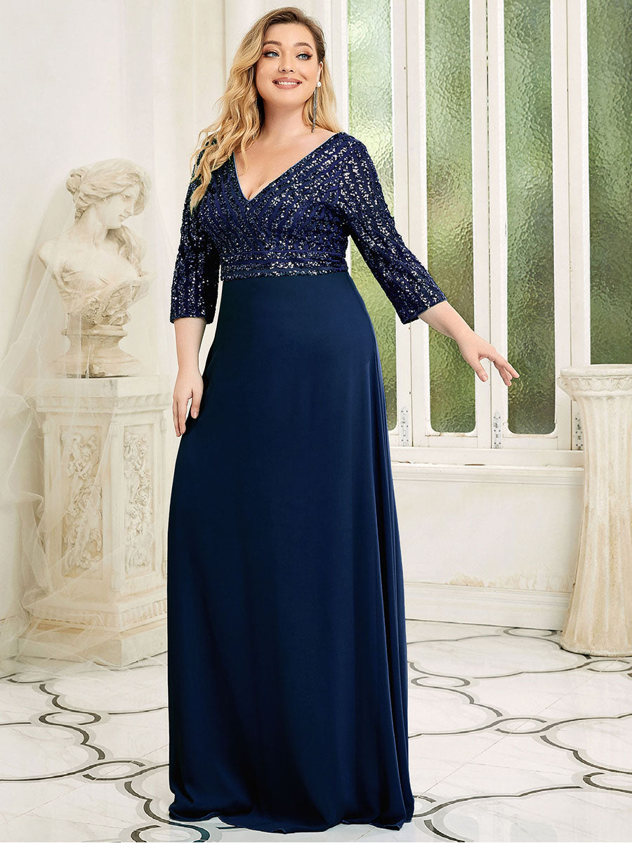 Robe de soirée à paillettes, col V, taille plus, avec manches, décolleté en A #Couleur_Bleu Marine