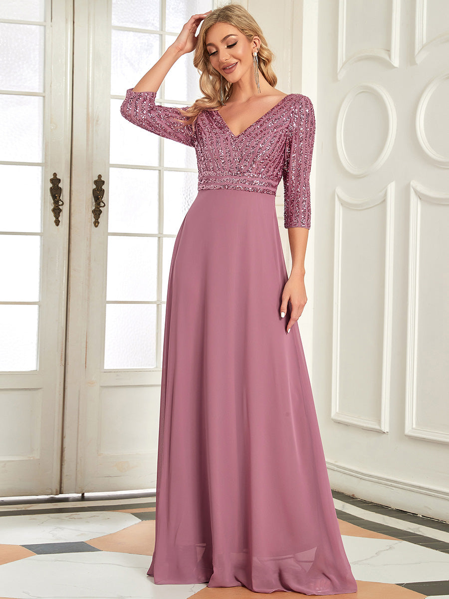 Taille personnalisée Robe de Soirée Longue Col en V et Paillettes #Couleur_Orchidee