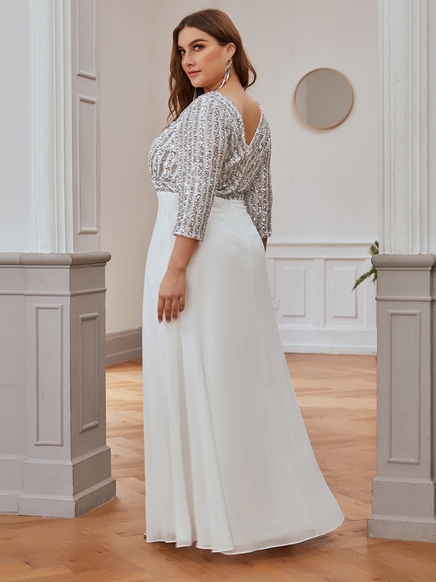 Robe de soirée à paillettes, col V, taille plus, avec manches, décolleté en A #Couleur_Blanc