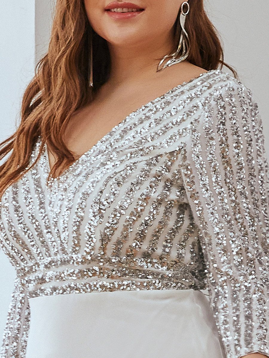 Robe de soirée à paillettes, col V, taille plus, avec manches, décolleté en A #Couleur_Blanc