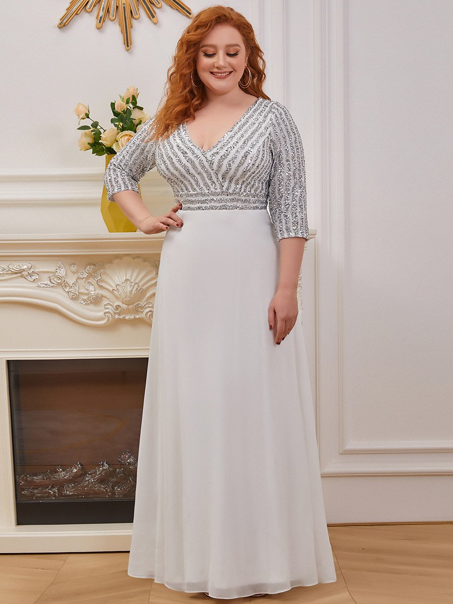 Robe de soirée à paillettes, col V, taille plus, avec manches, décolleté en A #Couleur_Blanc