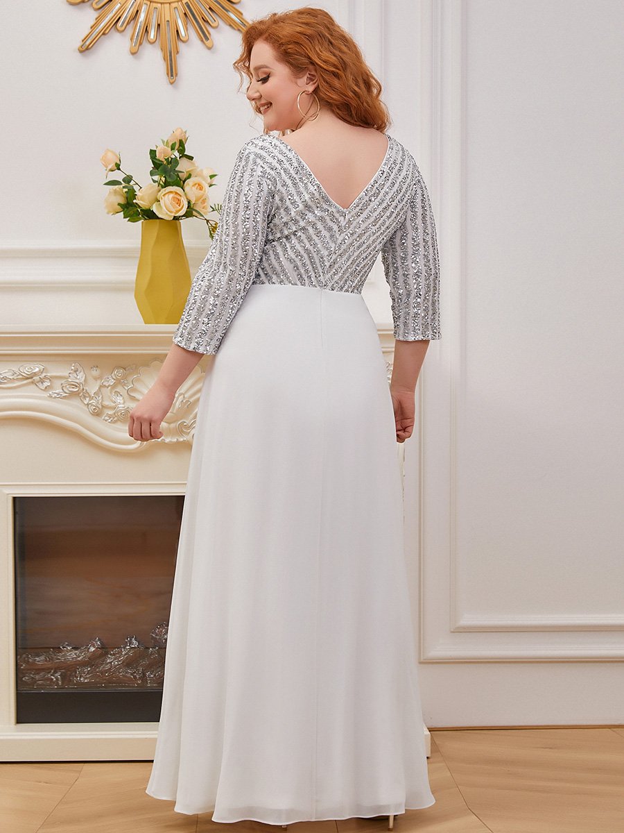 Robe de soirée à paillettes, col V, taille plus, avec manches, décolleté en A #Couleur_Blanc