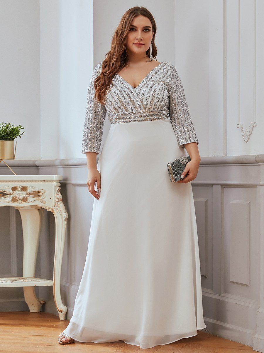 Robe de soirée à paillettes, col V, taille plus, avec manches, décolleté en A #Couleur_Blanc