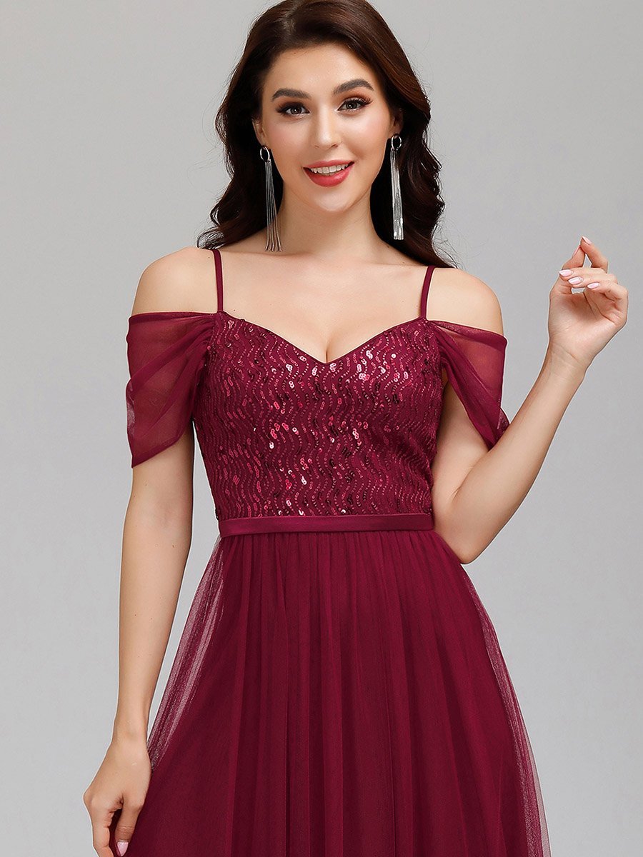 Robe Demoiselle d'Honneur en Tulle Longue Femme Épaules Dénudées #Couleur_Bordeaux