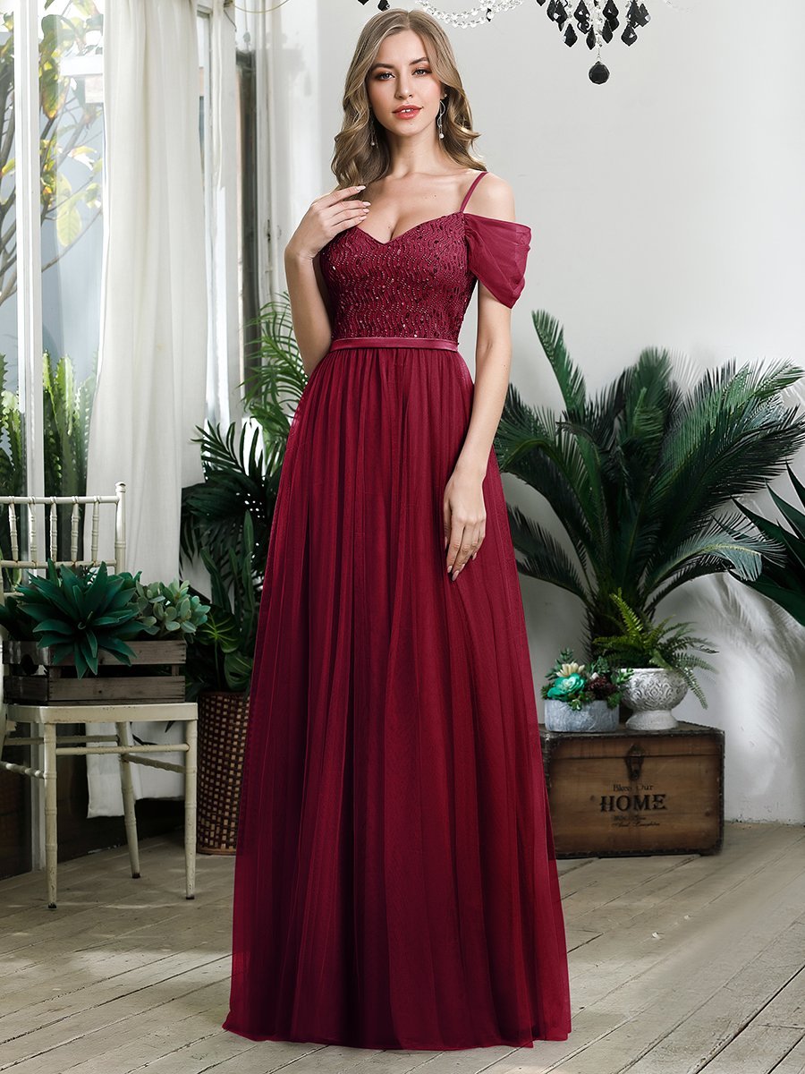 Robe Demoiselle d'Honneur en Tulle Longue Femme Épaules Dénudées #Couleur_Bordeaux