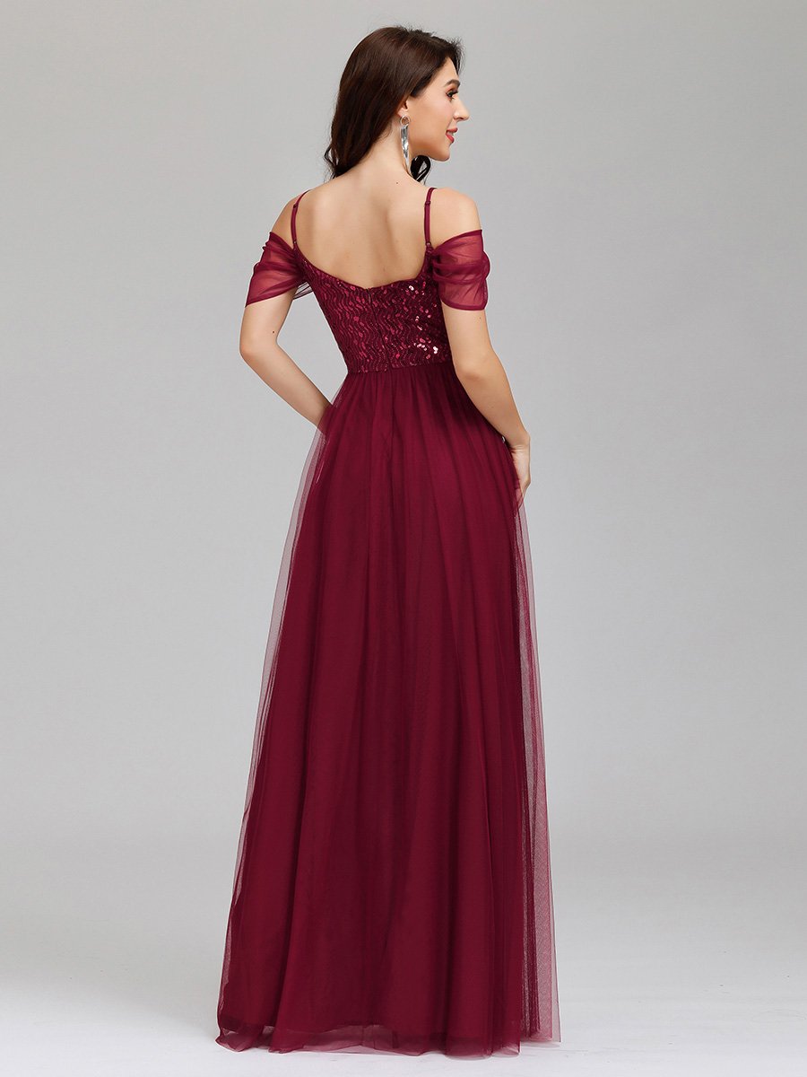 Robe Demoiselle d'Honneur en Tulle Longue Femme Épaules Dénudées #Couleur_Bordeaux