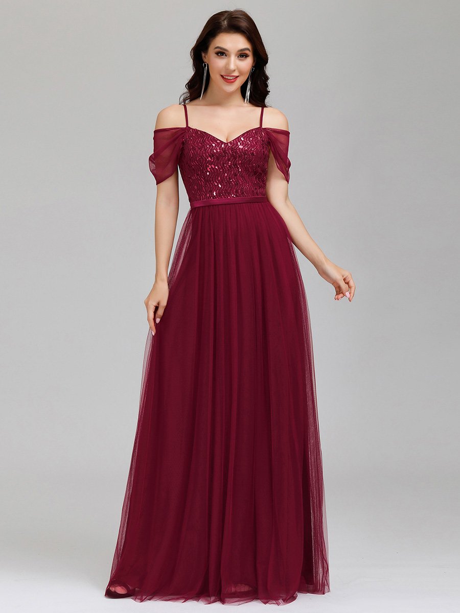 Robe Demoiselle d'Honneur en Tulle Longue Femme Épaules Dénudées #Couleur_Bordeaux