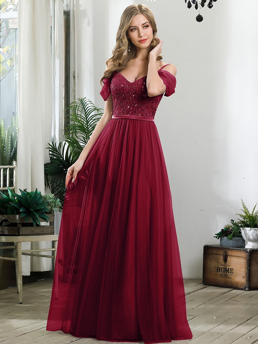 Robe Demoiselle d'Honneur en Tulle Longue Femme Épaules Dénudées #Couleur_Bordeaux