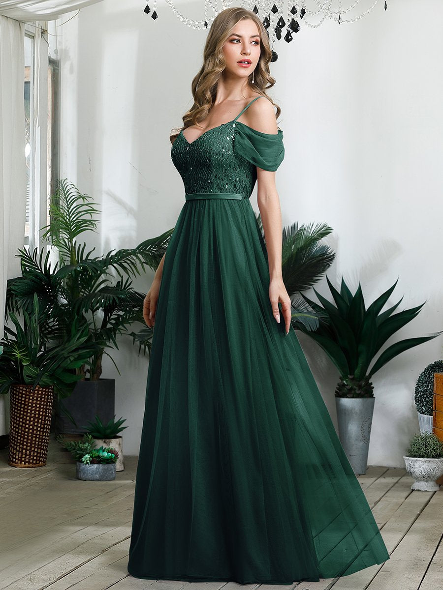 Robe Demoiselle d'Honneur en Tulle Longue Femme Épaules Dénudées #Couleur_Vert Fonce