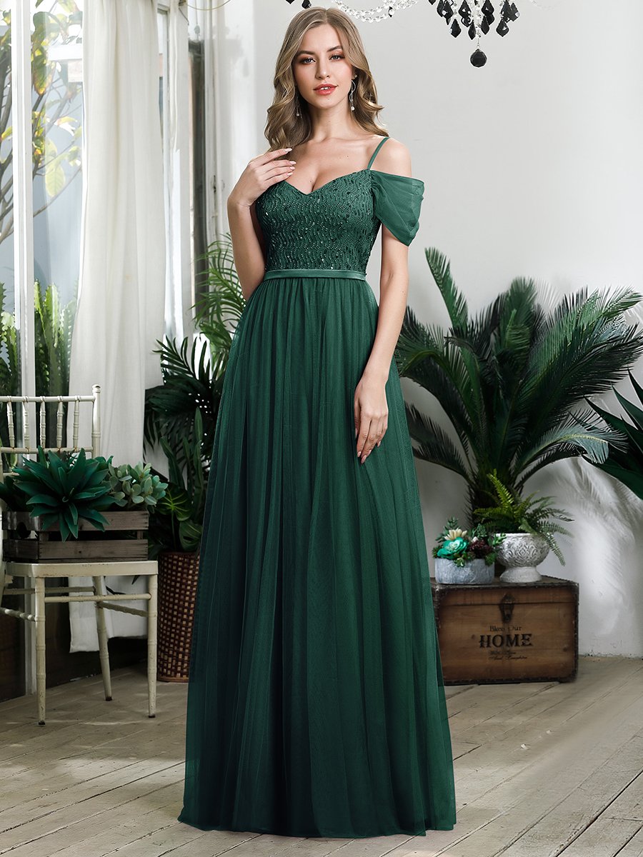 Robe Demoiselle d'Honneur en Tulle Longue Femme Épaules Dénudées #Couleur_Vert Fonce