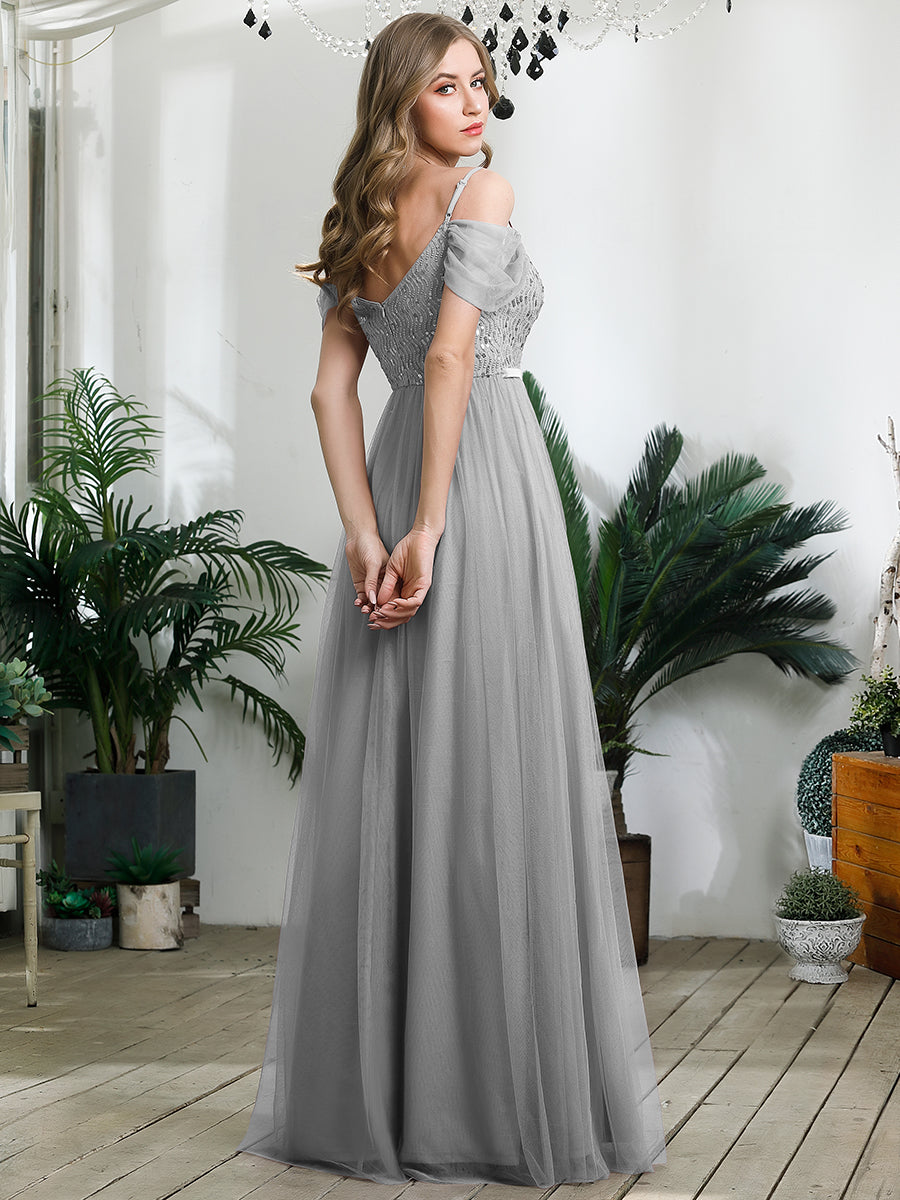 Robe Demoiselle d'Honneur en Tulle Longue Femme Épaules Dénudées #Couleur_Gris