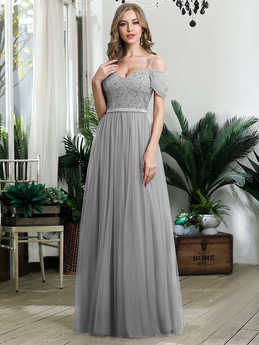 Robe Demoiselle d'Honneur en Tulle Longue Femme Épaules Dénudées #Couleur_Gris