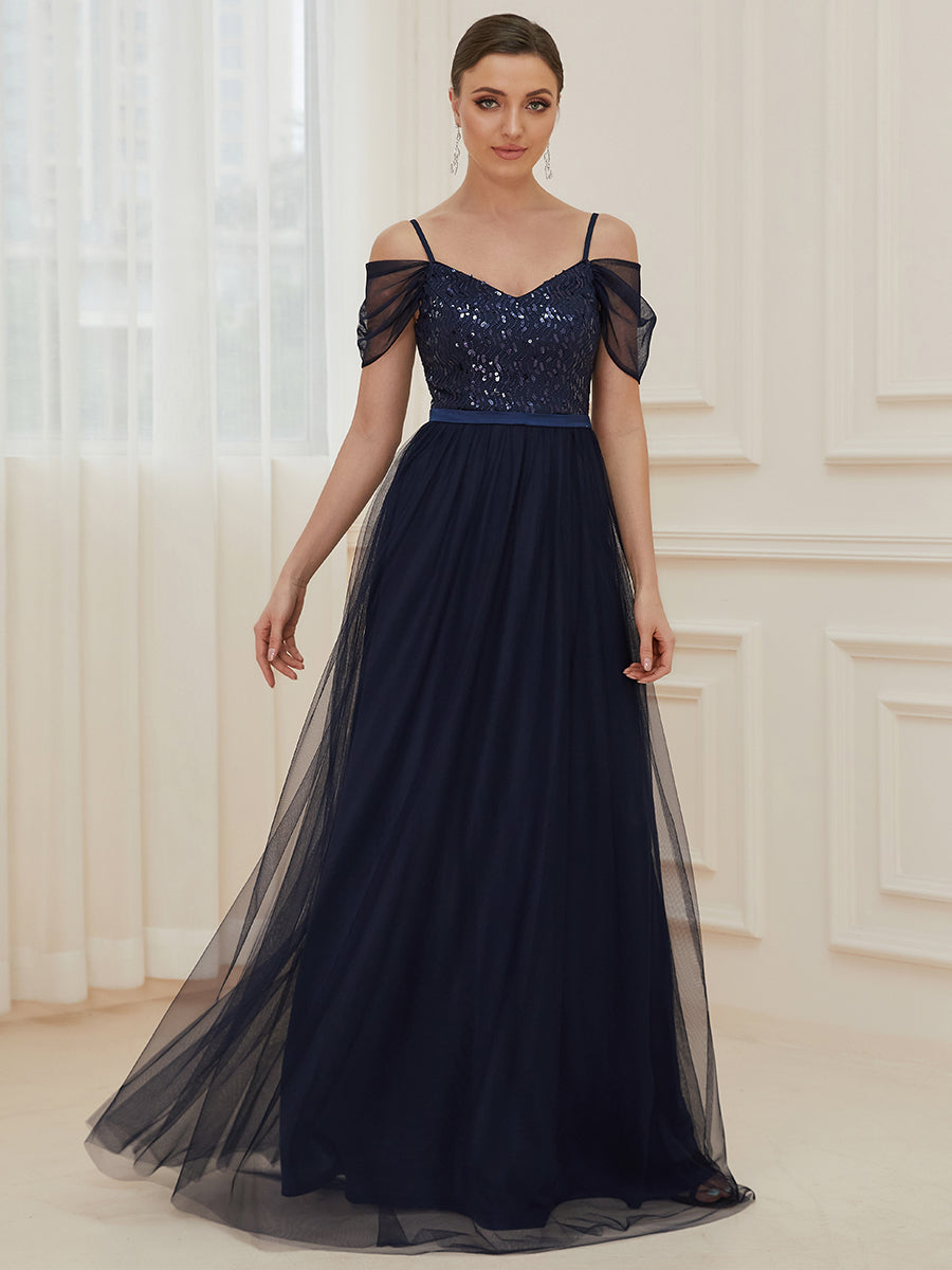 Robe Demoiselle d'Honneur en Tulle Longue Femme Épaules Dénudées #Couleur_Bleu Marine