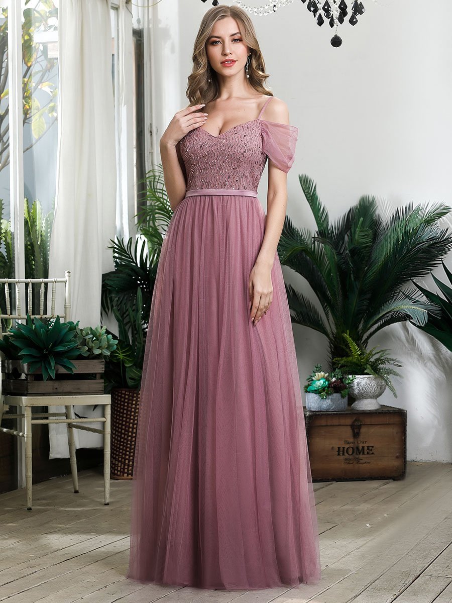 Robe Demoiselle d'Honneur en Tulle Longue Femme Épaules Dénudées #Couleur_Orchidee