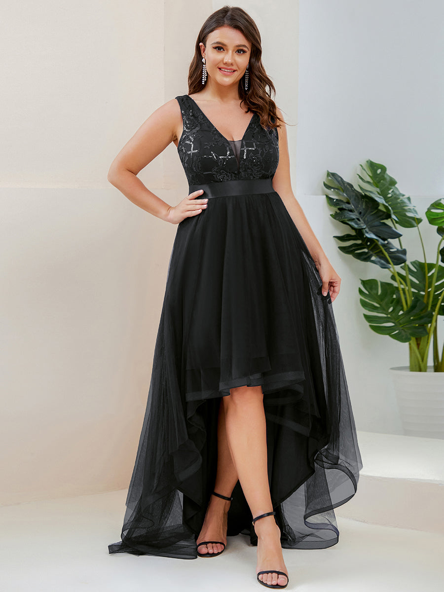 Robes de bal Asymétrique Tulle Paillettes High Low Grande taille #Couleur_Noir