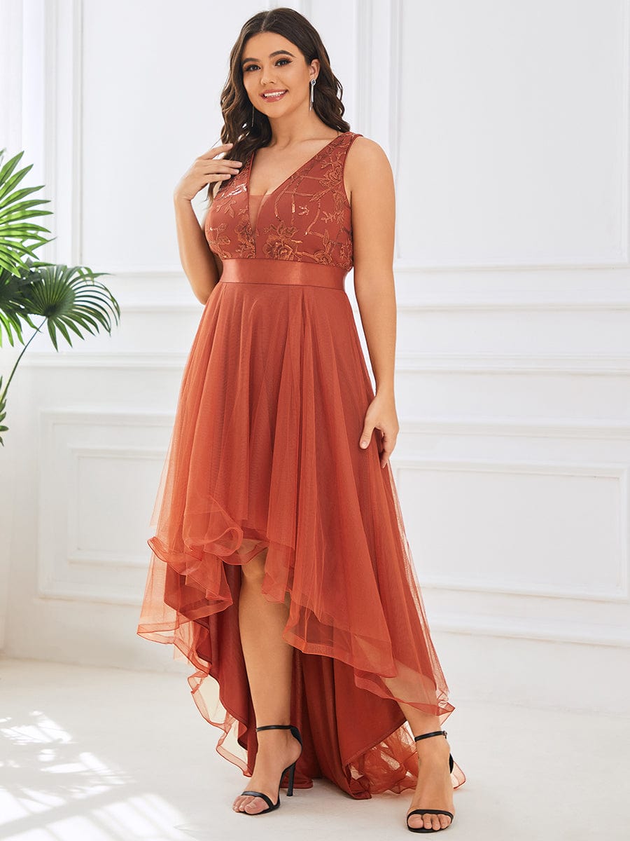 Robes de bal Asymétrique Tulle Paillettes High Low Grande taille #Couleur_Burnt Orange