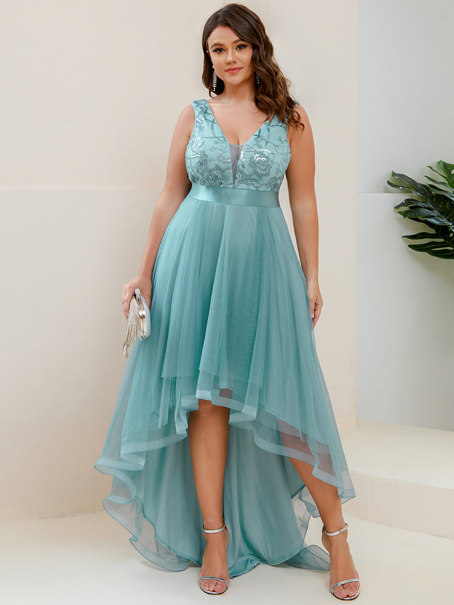 Robes de bal Asymétrique Tulle Paillettes High Low Grande taille #Couleur_Bleu Fume