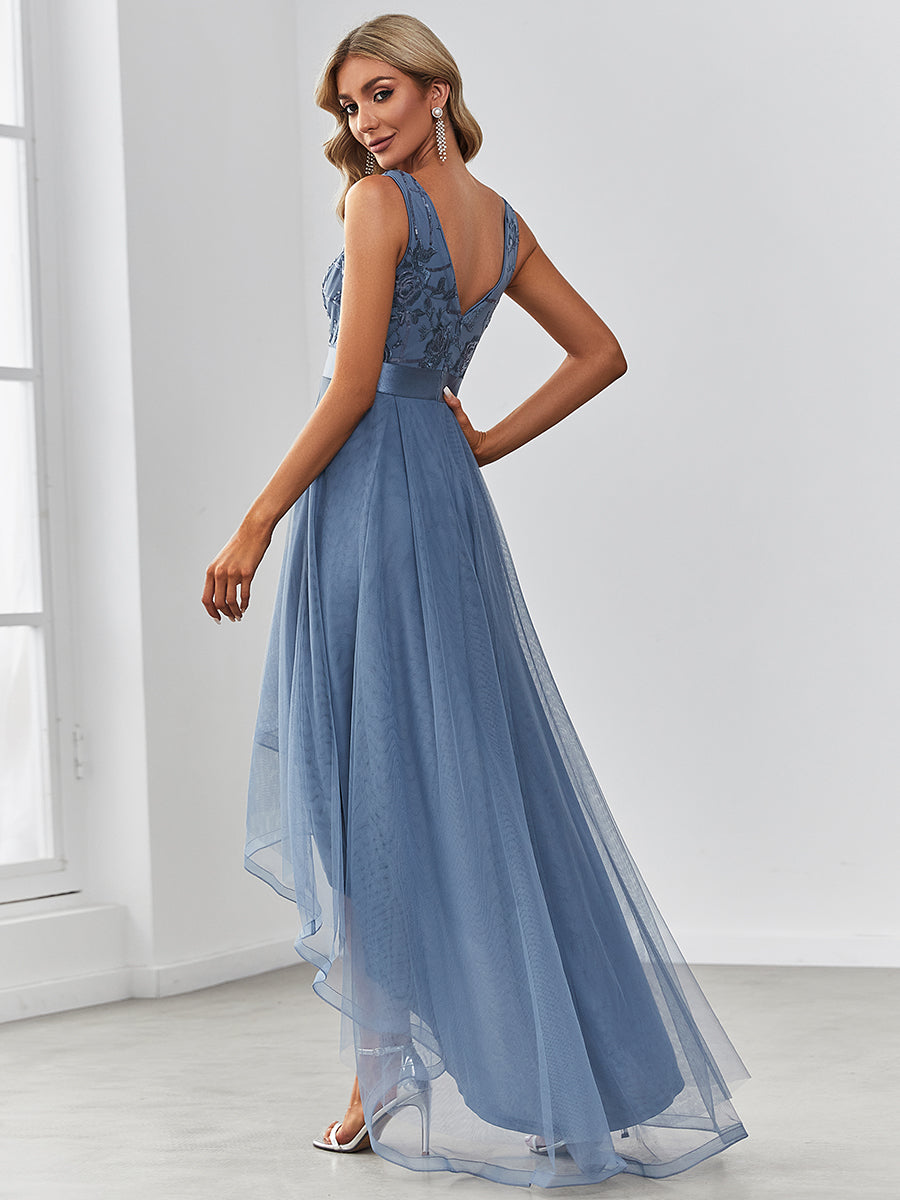 Robes de soirée en Tulle à Paillettes High Low Asymétrique #Couleur_Marine Fume