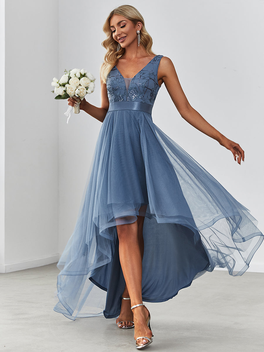 Robes de bal en Tulle à Paillettes High Low Asymétrique #Couleur_Marine Fume