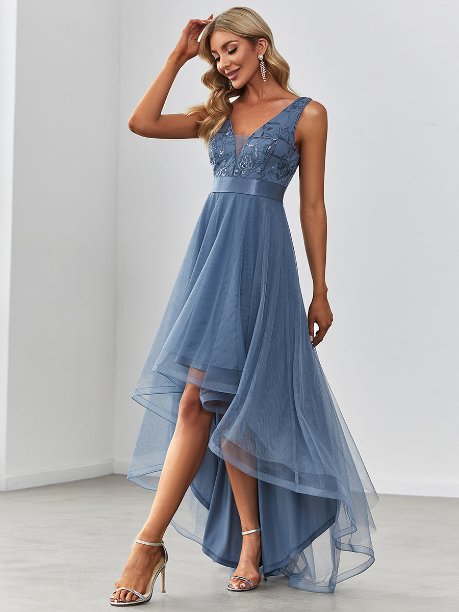 Robes de bal en Tulle à Paillettes High Low Asymétrique #Couleur_Marine Fume