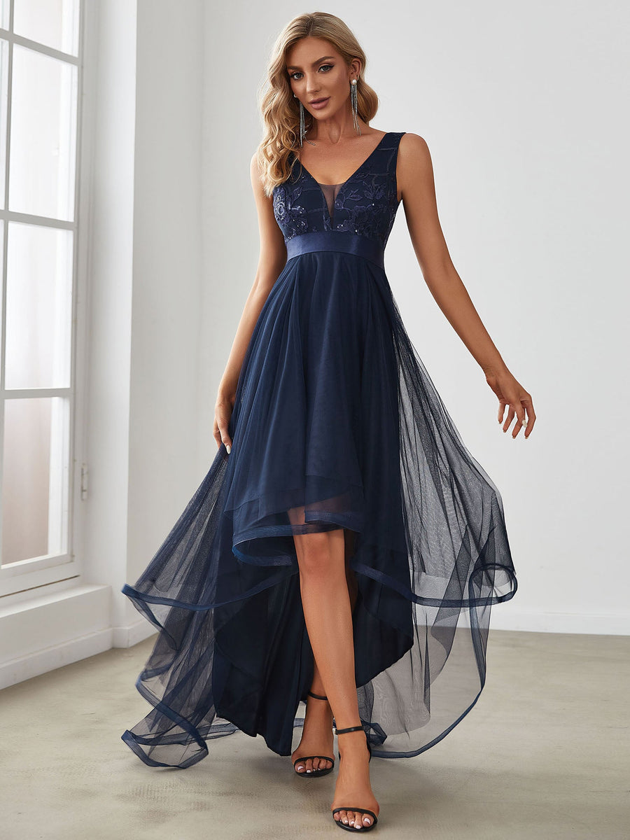 Robes de soirée en Tulle à Paillettes High Low Asymétrique #Couleur_Bleu Marine