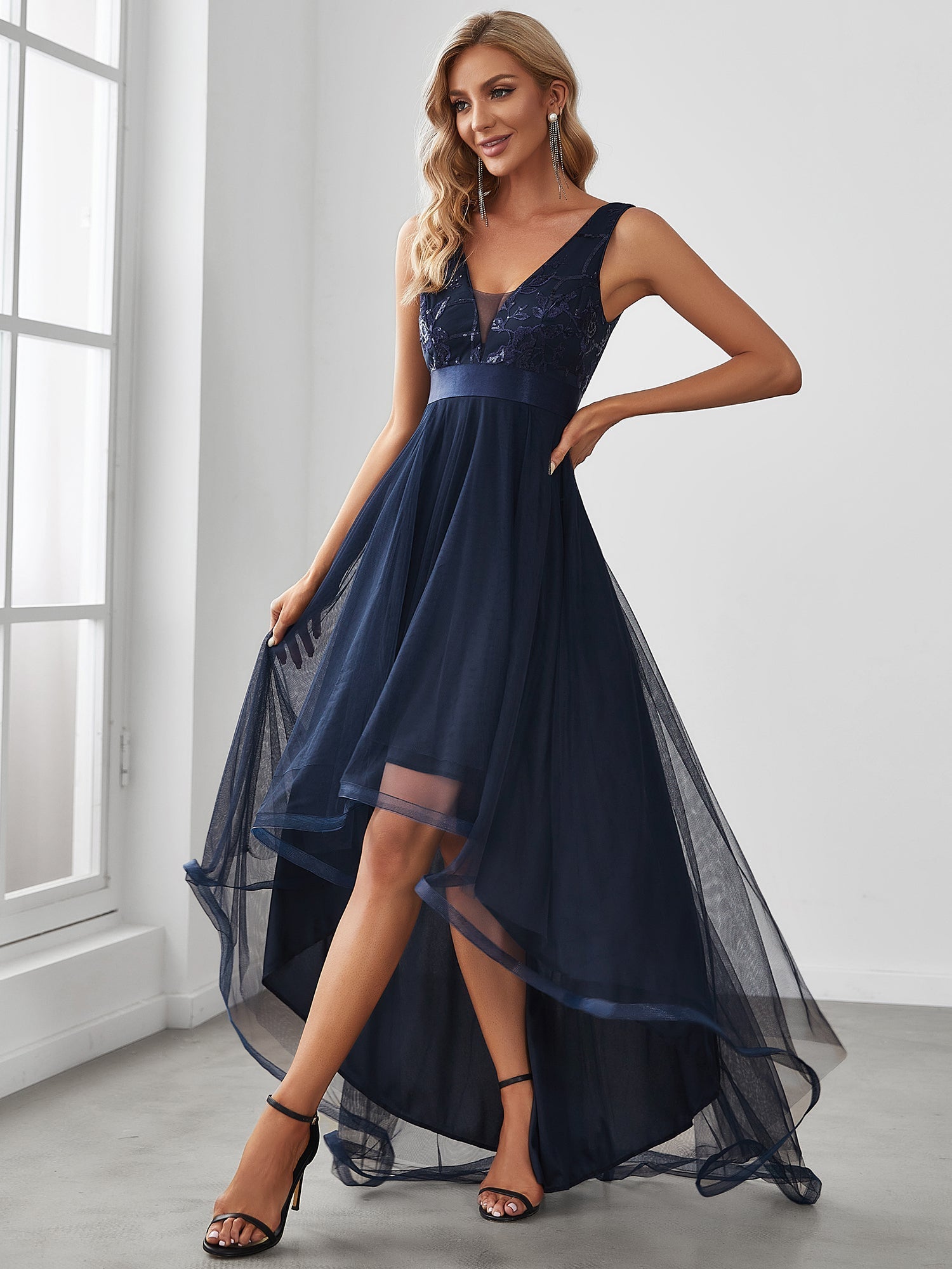 Robes de soirée en Tulle à Paillettes High Low Asymétrique #Couleur_Bleu Marine