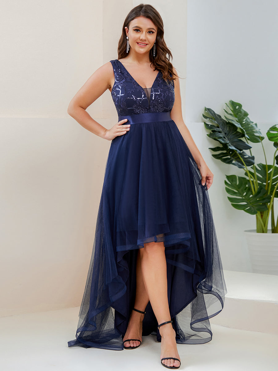 Robes de bal Asymétrique Tulle Paillettes High Low Grande taille #Couleur_Bleu Marine