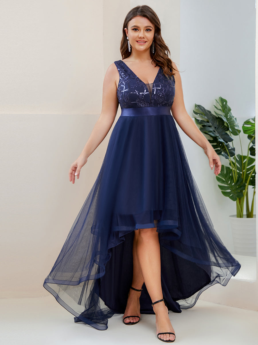 Robes de soirée en Tulle à Paillettes High Low Asymétrique #Couleur_Bleu Marine