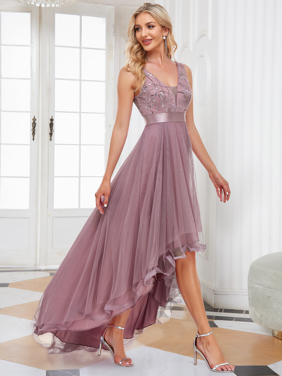 Robes de soirée en Tulle à Paillettes High Low Asymétrique #Couleur_Orchidee