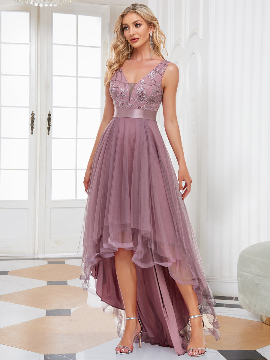 Robes de bal en Tulle à Paillettes High Low Asymétrique #Couleur_Orchidee