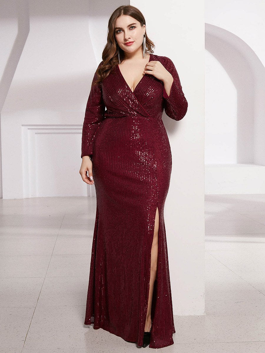 Robe de Soirée Grande Taille Brillante à Paillettes avec Fente #Couleur_Bordeaux