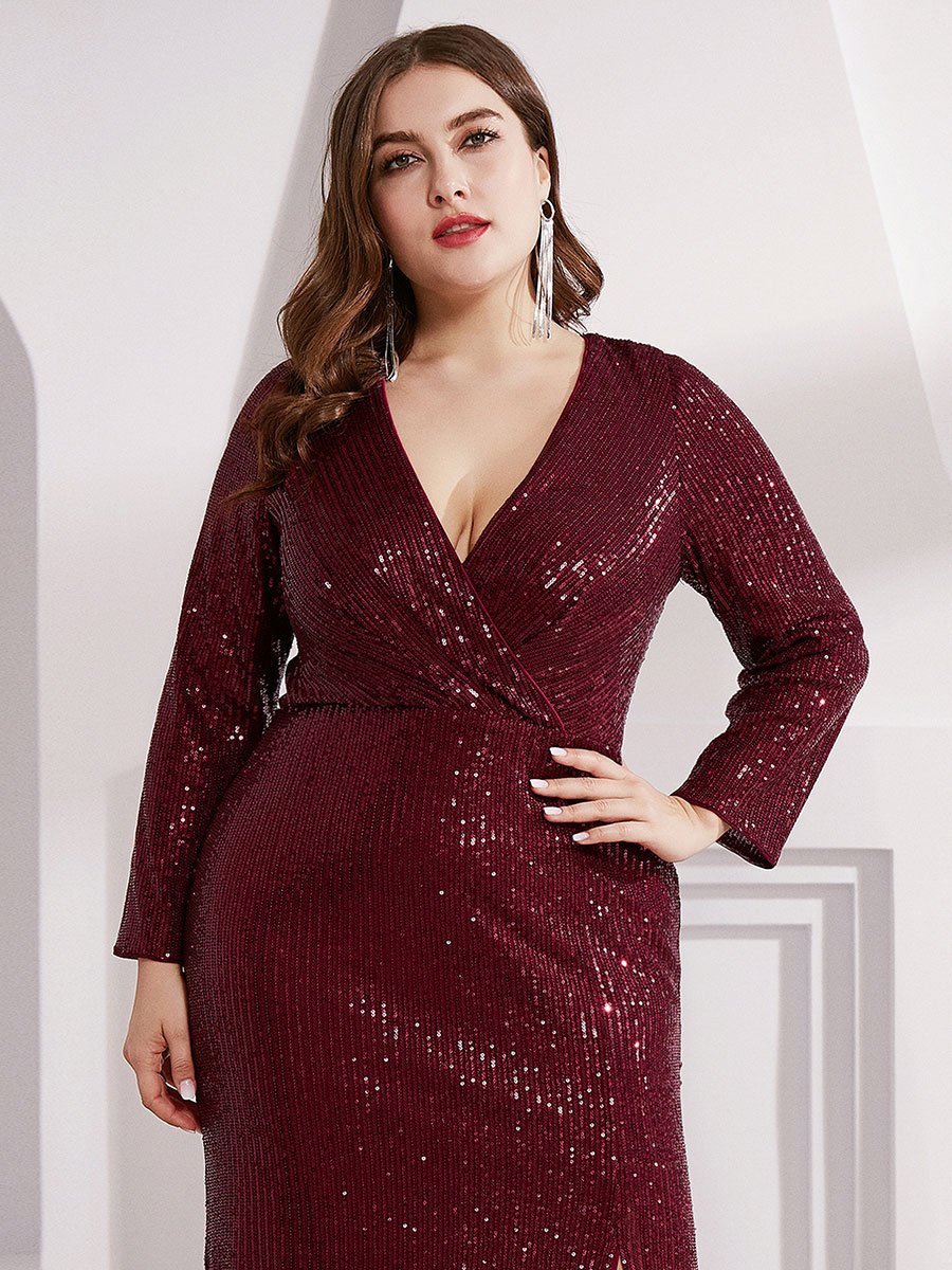 Robe de Soirée Grande Taille Brillante à Paillettes avec Fente #Couleur_Bordeaux