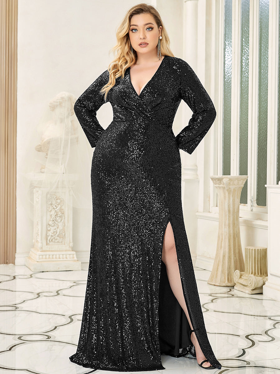 Robe de Soirée Grande Taille Brillante à Paillettes avec Fente #Couleur_Noir