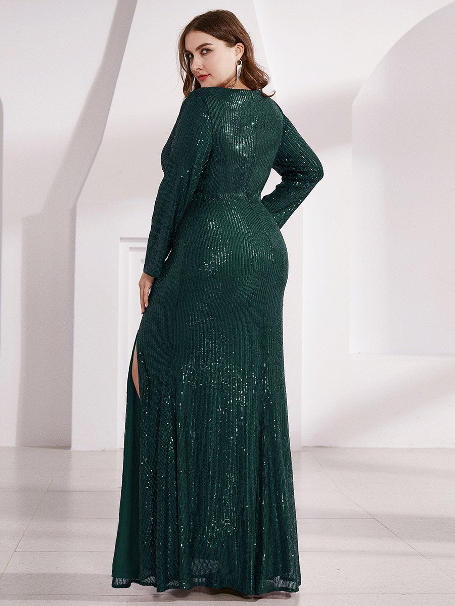 Robe de Soirée Grande Taille Brillante à Paillettes avec Fente #Couleur_Vert Fonce